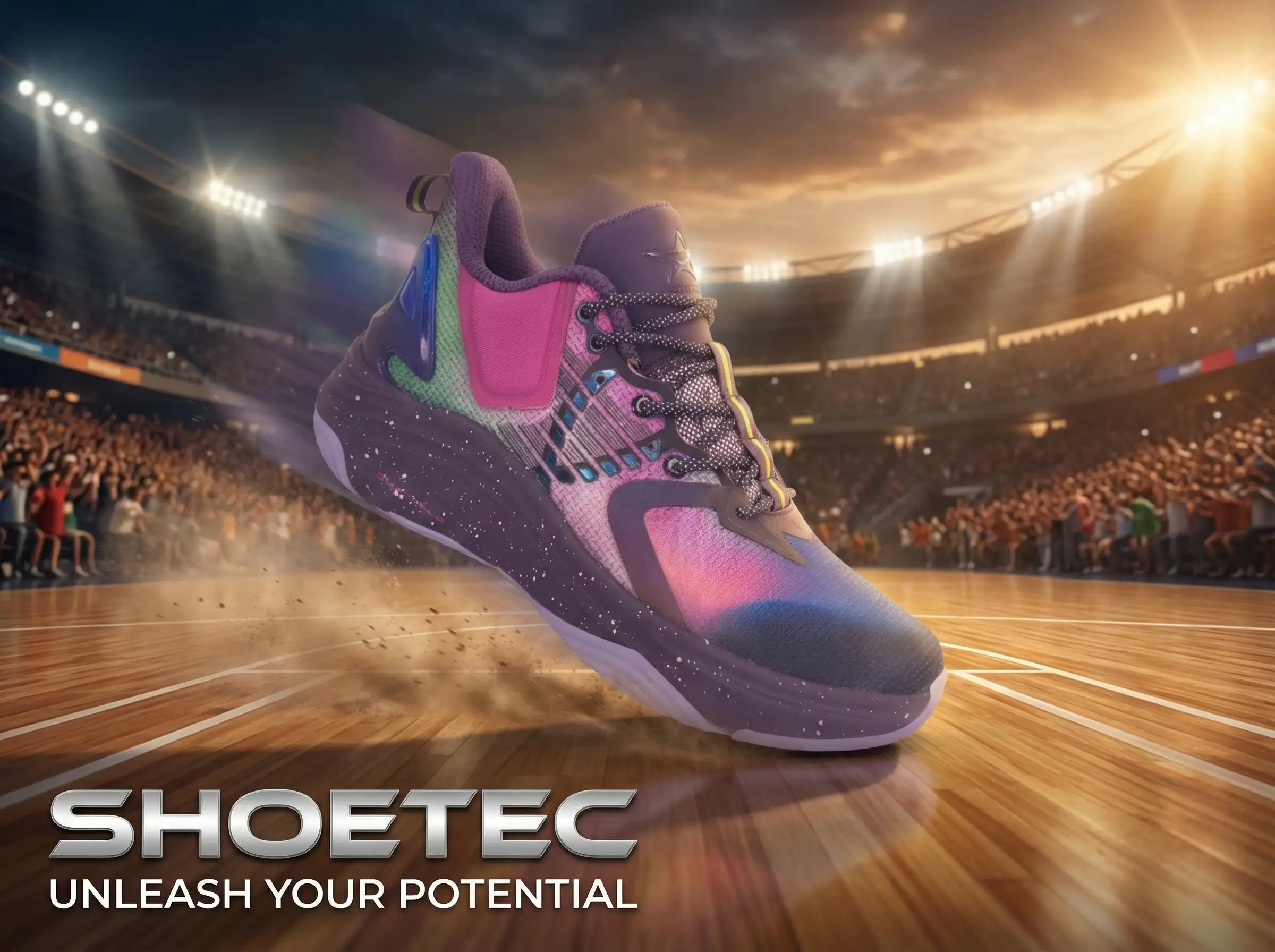 Player dribbling on an indoor court while wearing performance basketball shoes with visible shock-absorbing soles.