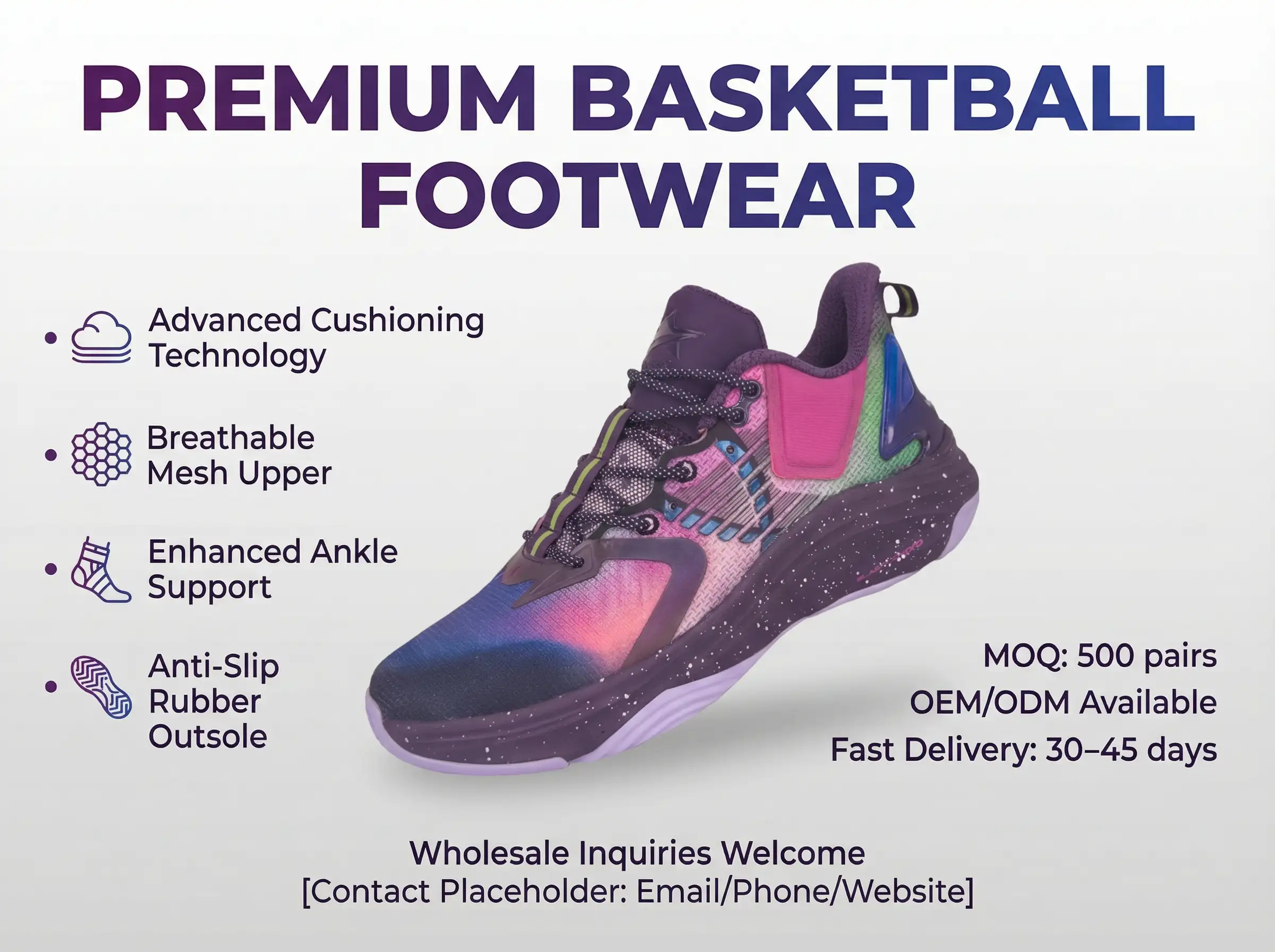 Marketing team reviewing private label basketball footwear boxes printed with a new brand logo.