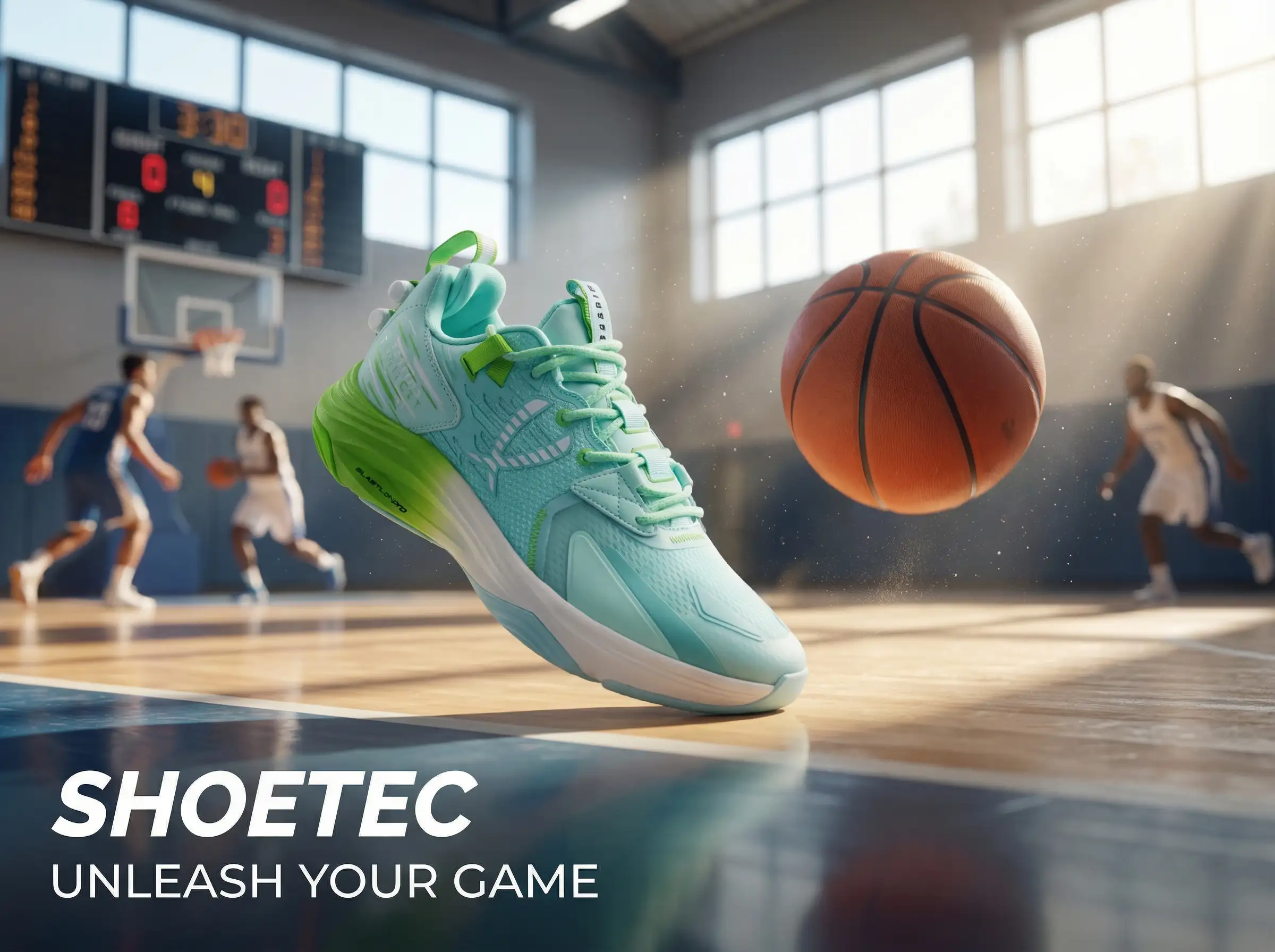 Footwear designer adjusting 3D basketball shoe render on screen with color variations and texture samples nearby.