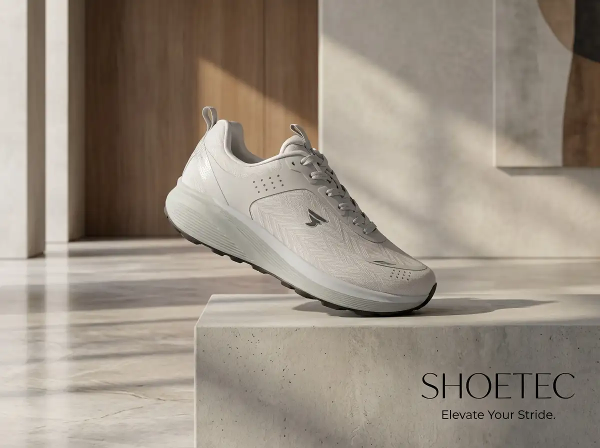 Close-up of raised platform sneaker sole being examined by an engineer under bright studio light.