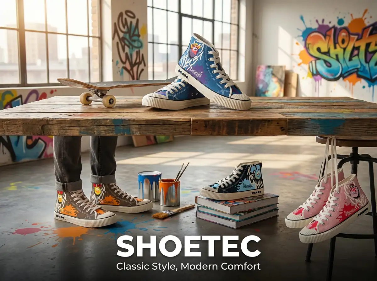 Close-up of freshly finished canvas shoes lined up on a production table under soft lighting.