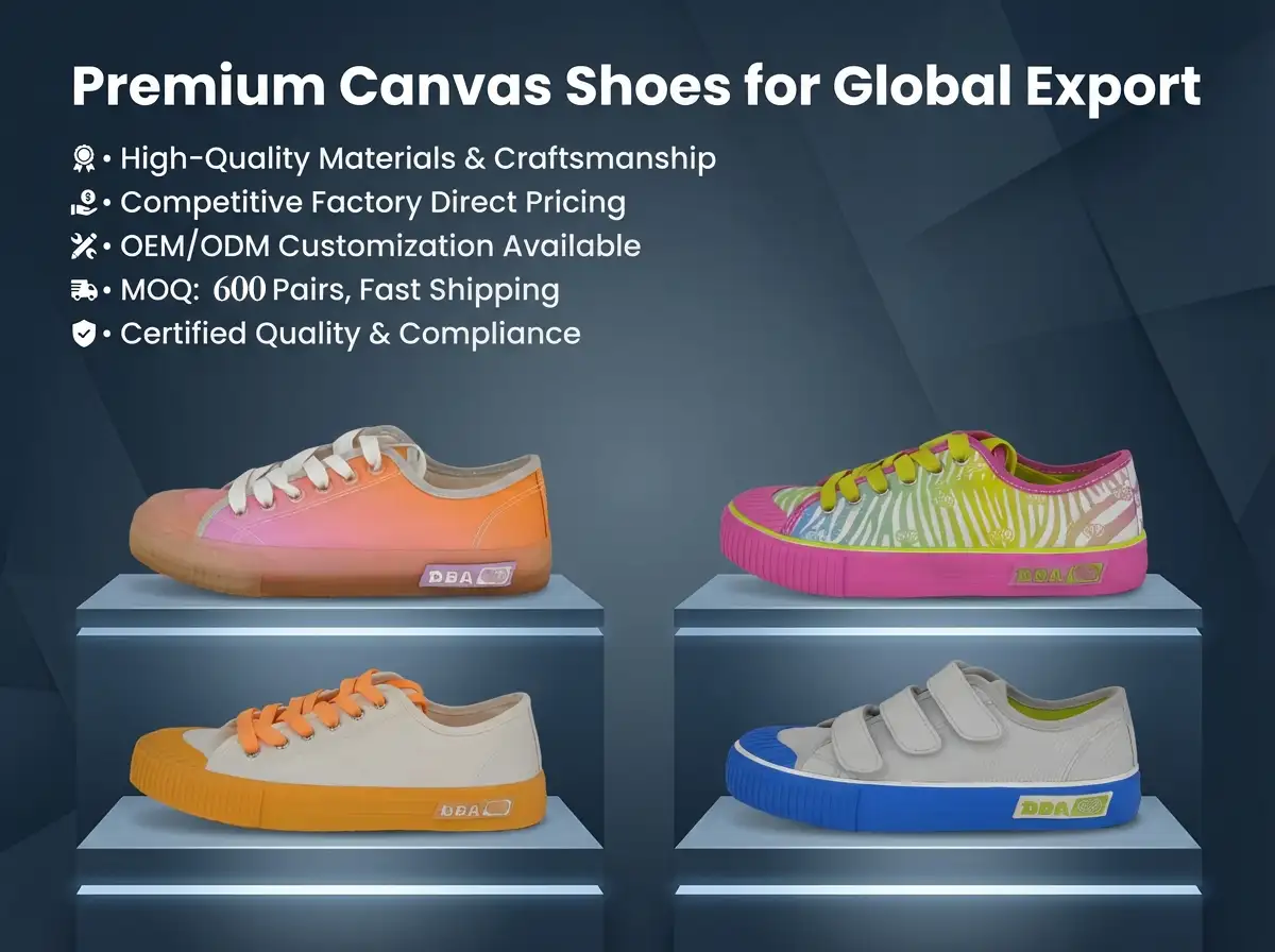 Factory technicians overseeing an automated conveyor line producing canvas sneakers.