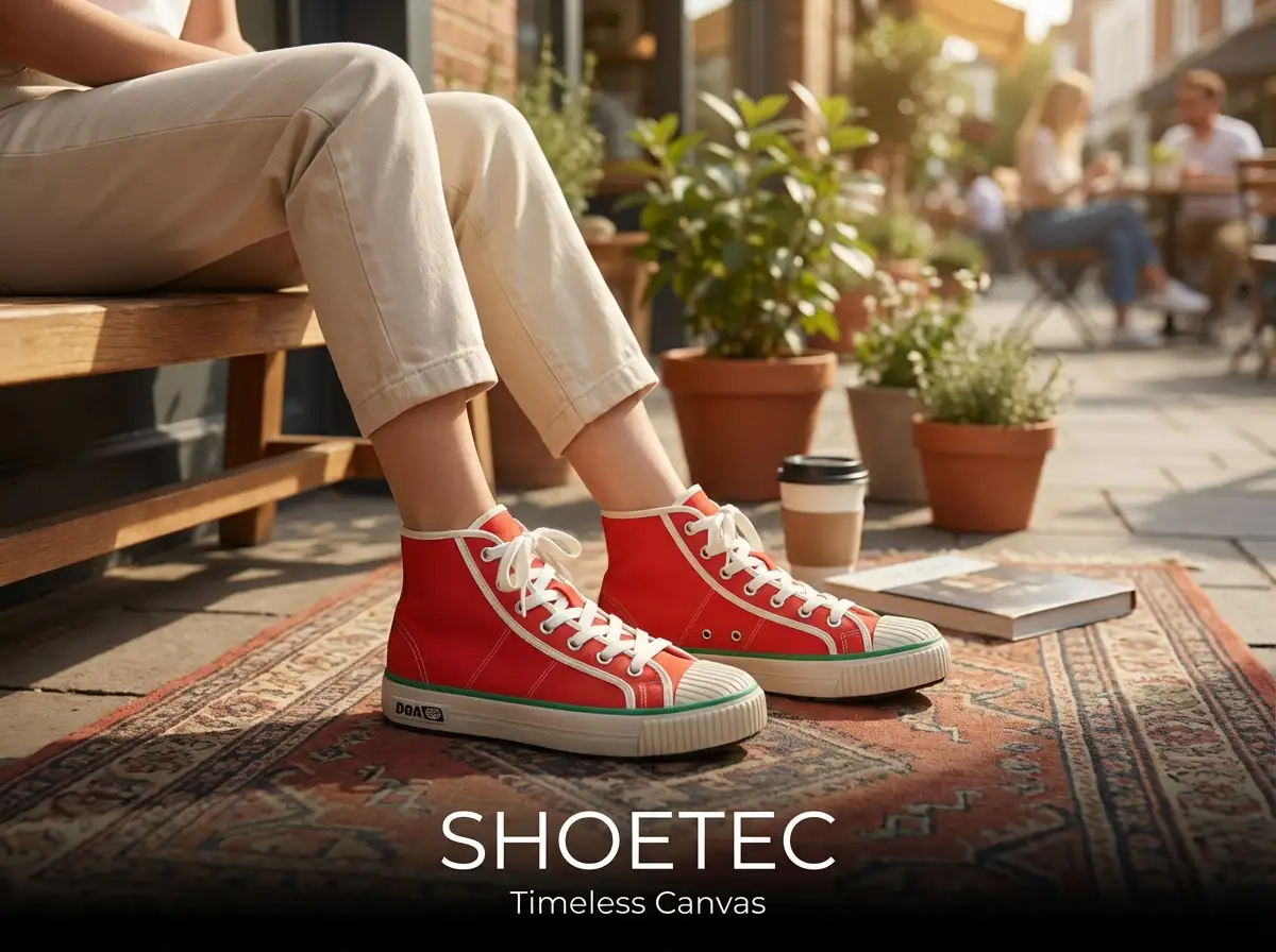 Stacks of plain white canvas shoes arranged neatly on shelving in a fulfillment area.
