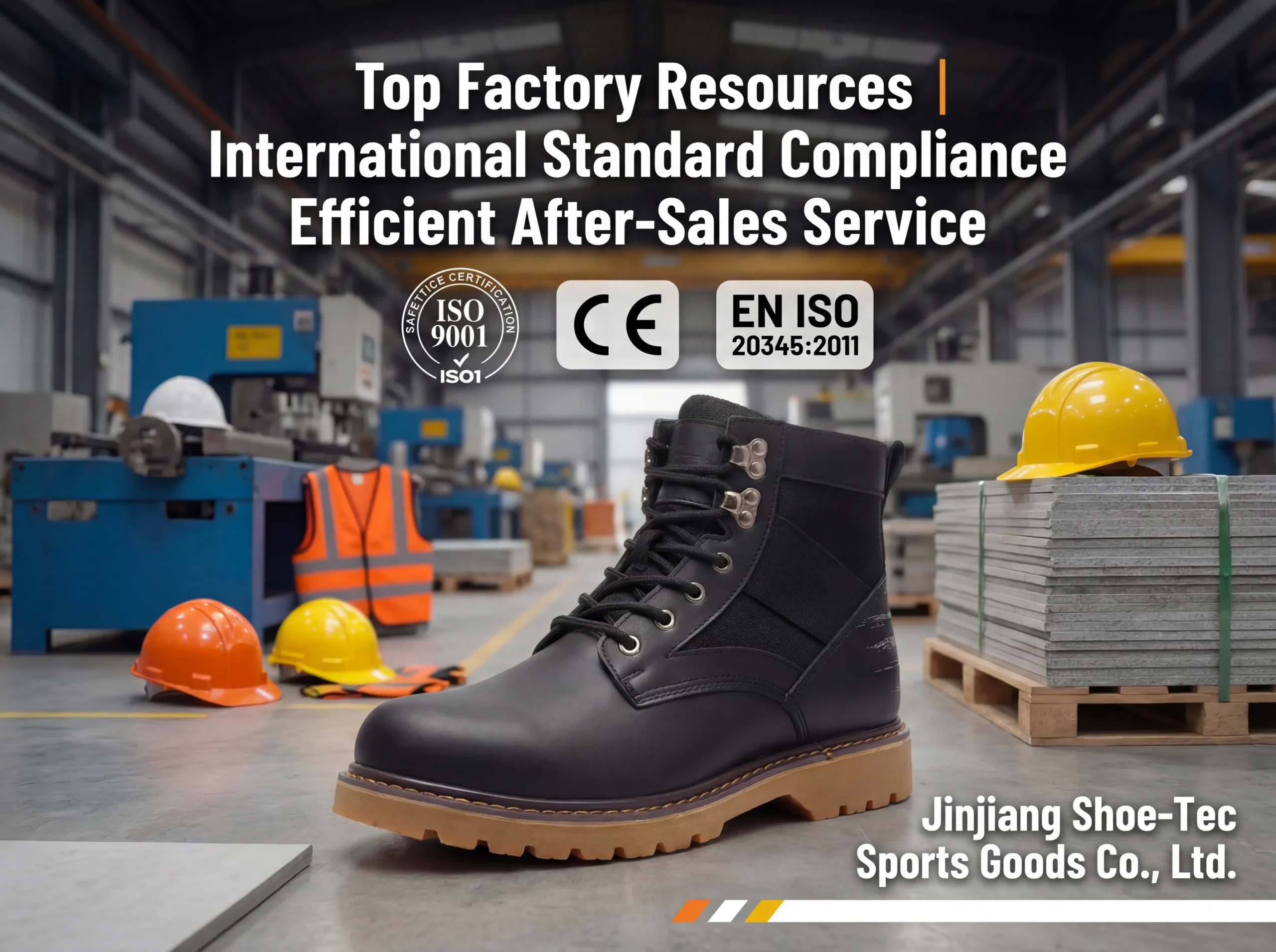 Warehouse team arranging pallets of composite toe work boots labeled for wholesale dispatch.