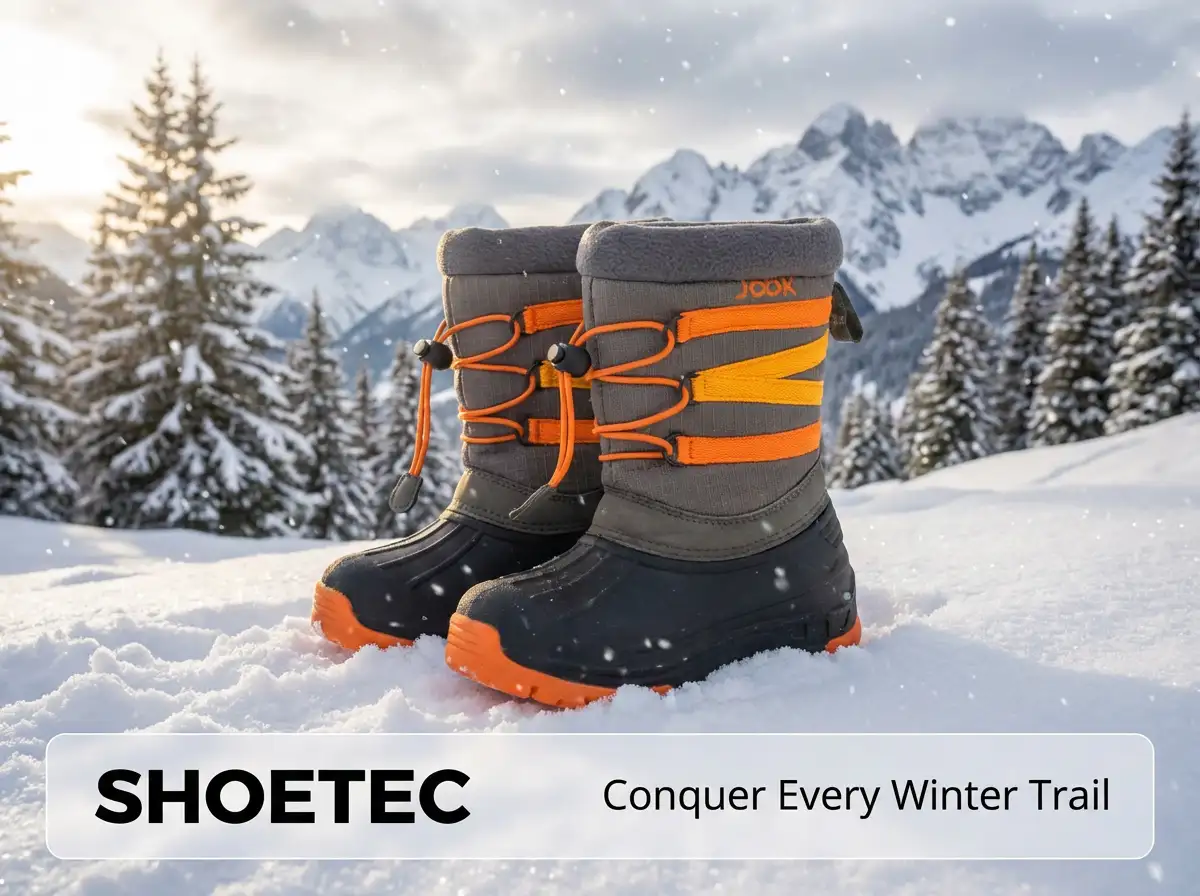 Model wearing sleek high-ankle winter boots walking along a snowy city street with fashion accessories.