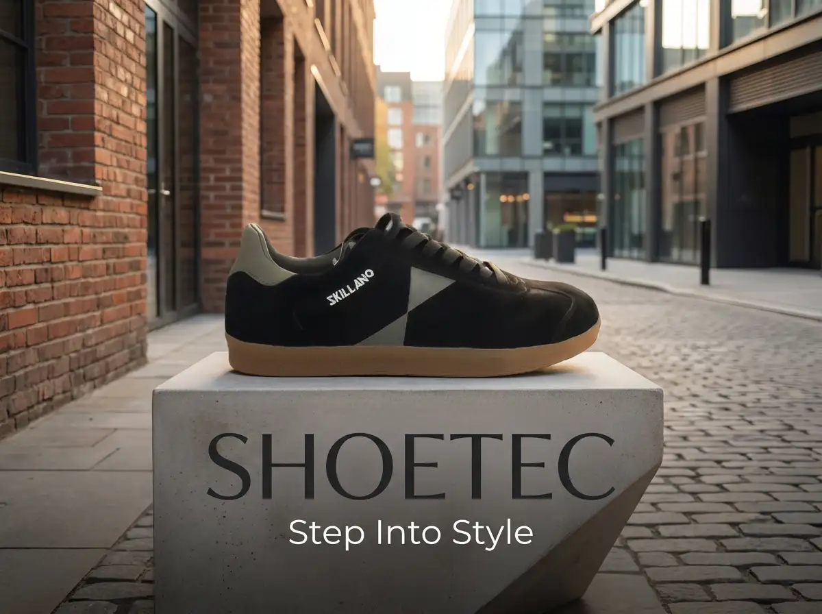 Designer adjusting laces on a pair of sleek fashion sneakers displayed on a workbench.