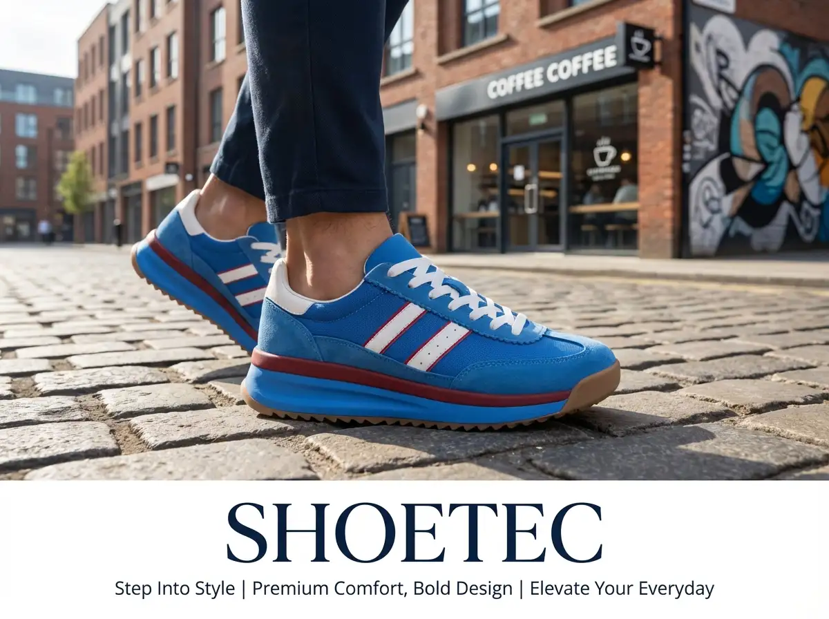 Team reviewing mock-ups of private label sneaker designs on a digital screen in a design studio.