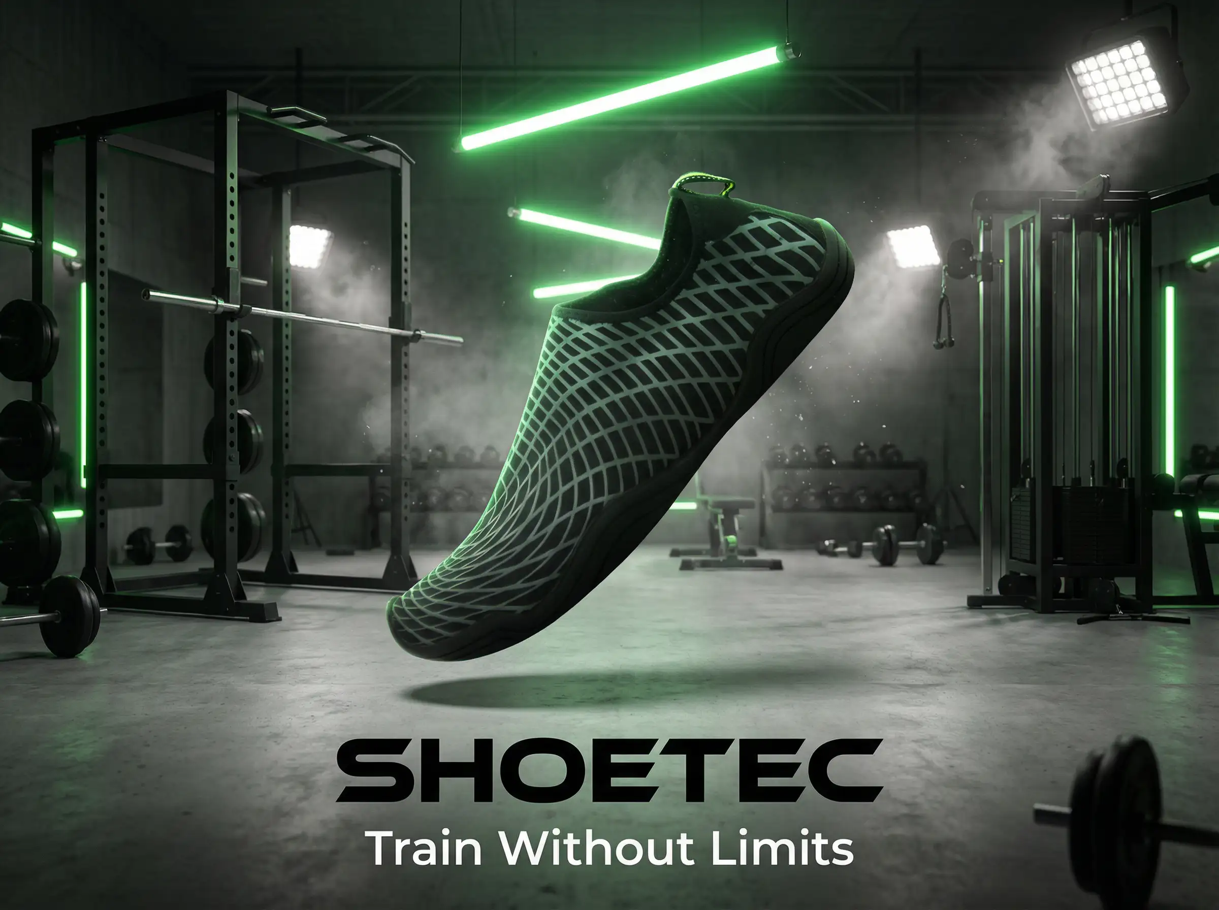 Athlete performing squats in a gym while wearing supportive gym shoes with grippy soles.