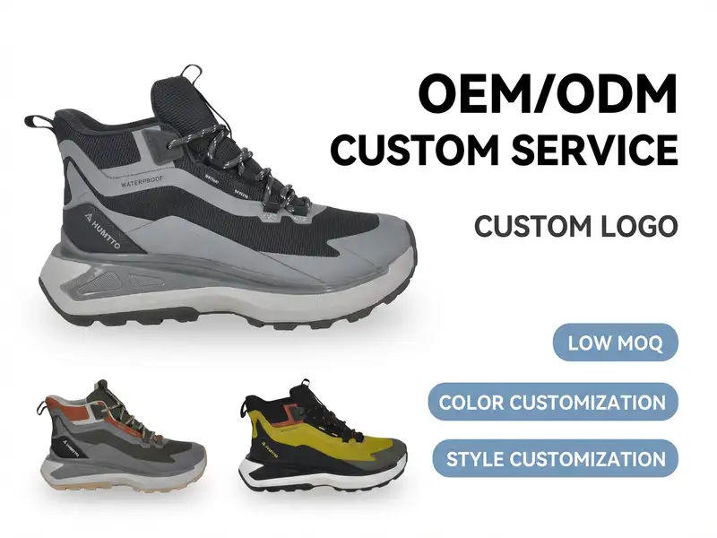 Designer reviewing private label hiking boot sketches beside finished samples in a product showroom.