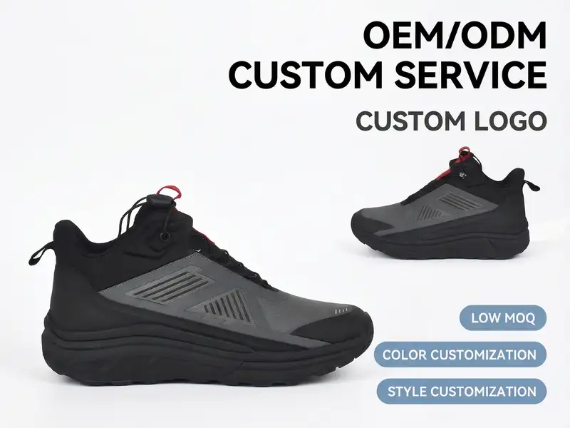 Footwear designers adjusting patterns for custom hiking boots on a large cutting table in a design studio.