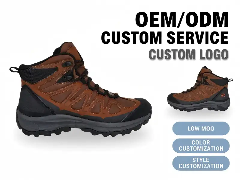 Factory workers preparing a small production batch of trekking boots on an organized assembly line.