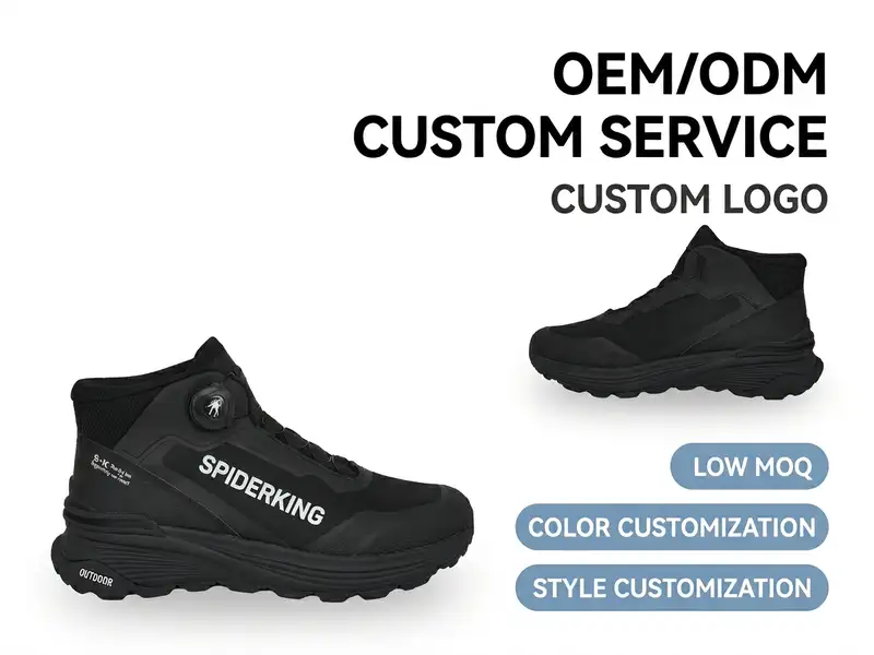 QC specialist bending and flex-testing a pair of waterproof hiking boots under lab lighting.