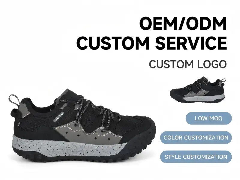 QC inspector using digital tools to check stitching and sole bonding on newly produced hiking shoes.