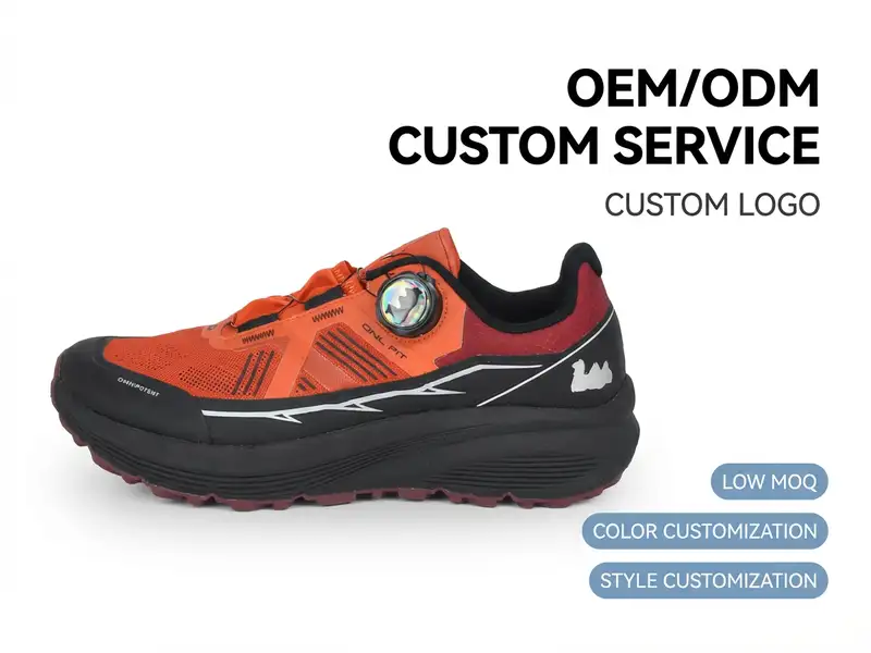 Team coordinating material, design, and packaging stages for OEM hiking shoes in an integrated office setup.