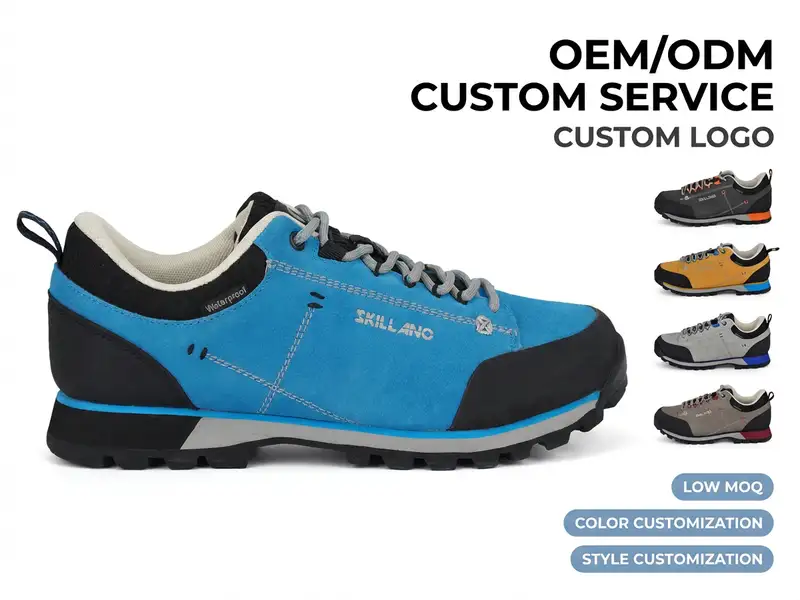 Production team organizing small-batch waterproof hiking boot orders in a modern factory setting.