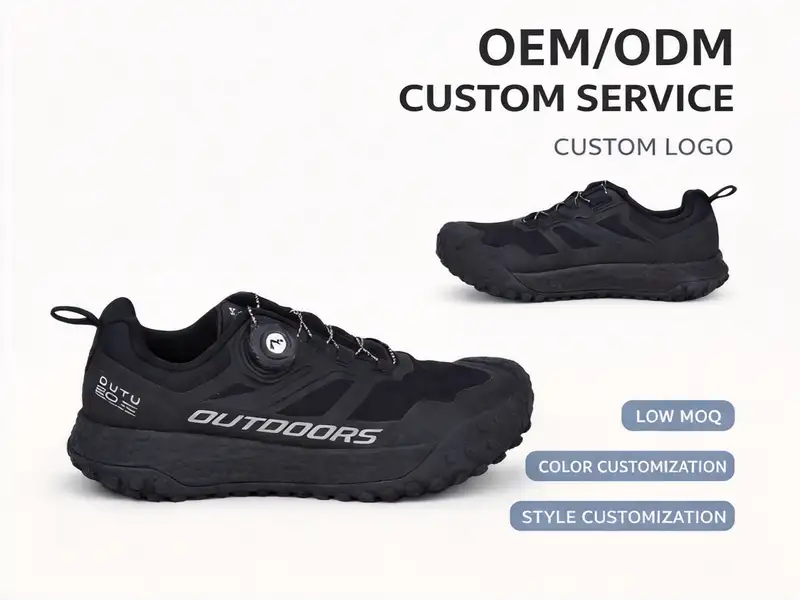 Design engineers examining custom hiking shoe prototypes on a workbench at a hiking shoe manufacturer's lab.