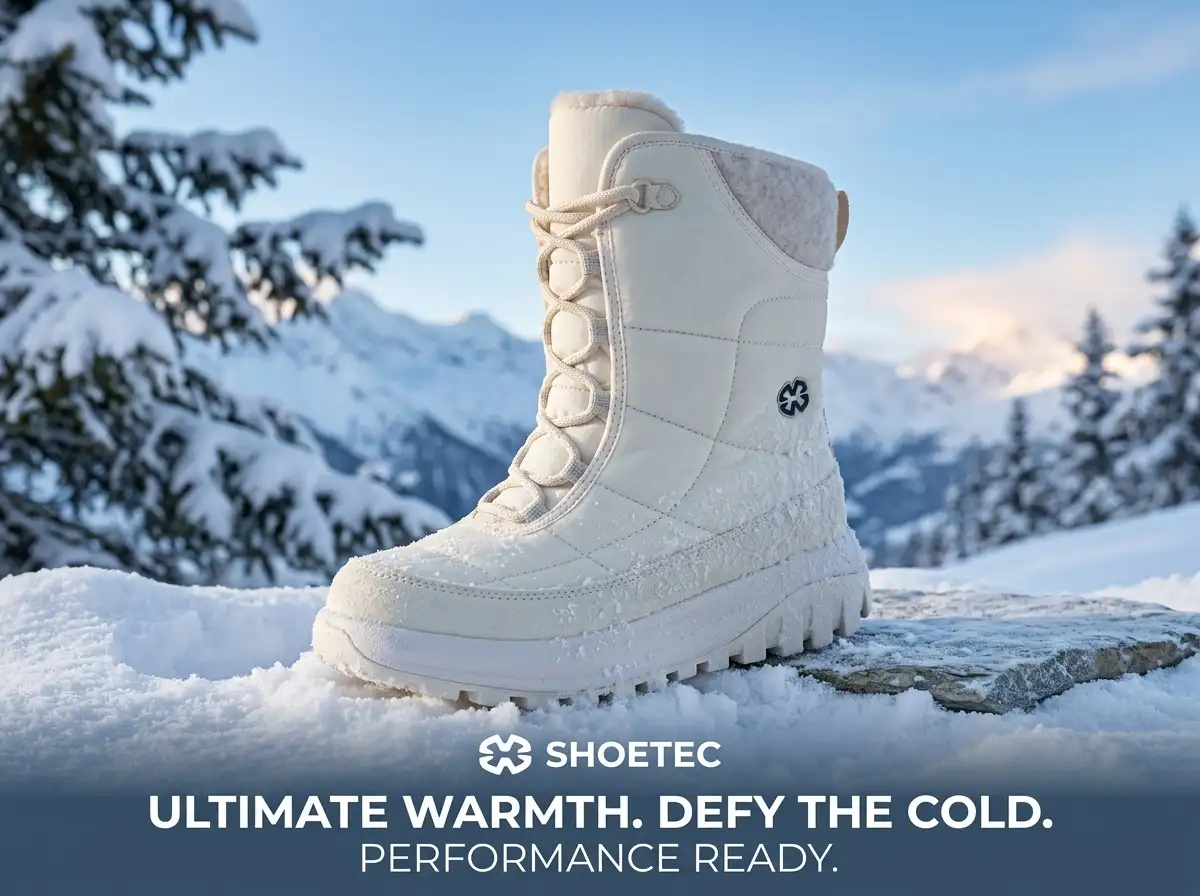 Technician testing insulated boots inside a temperature-controlled chamber with frost forming on the window.