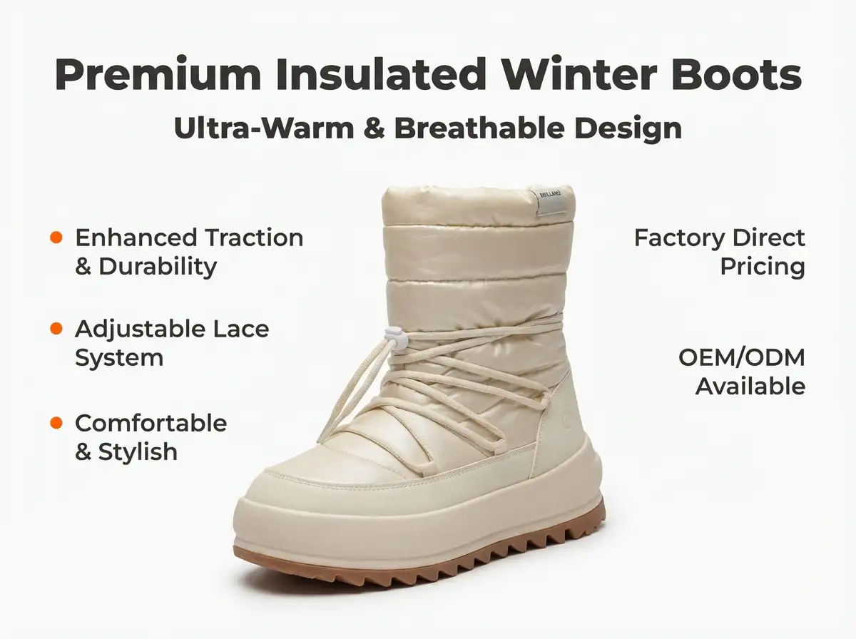 Fashion model wearing fur-lined boots posing beside a snowy mountain lodge backdrop.