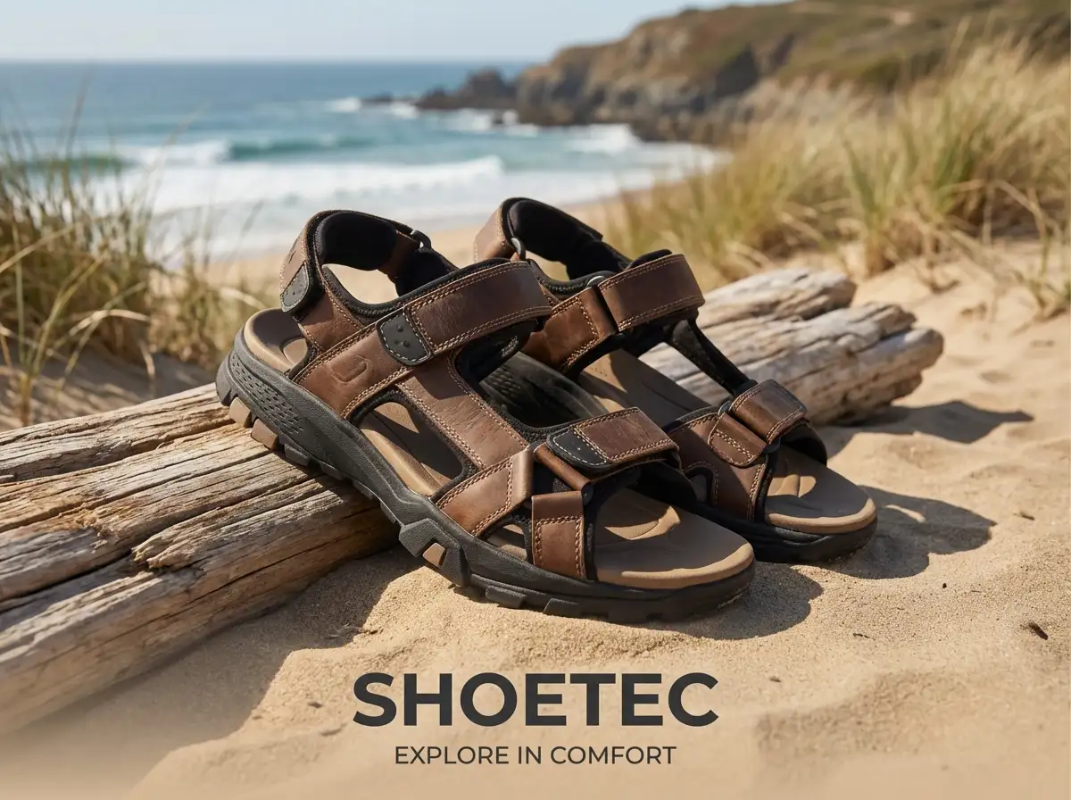 Close-up of artisan hand-finishing brown leather sandal straps in a workshop with warm lighting.