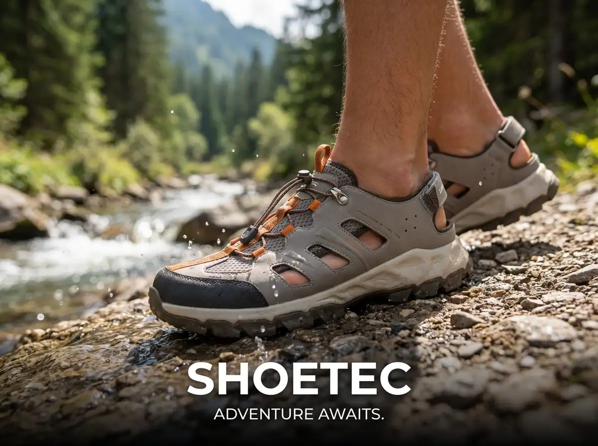 Array of genuine leather hides and sandal prototypes displayed on a craftsman's workbench.