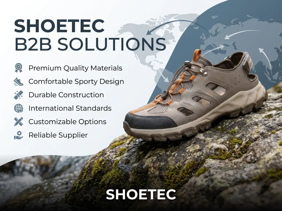 Craftsman checking fit alignment of men's leather sandals on a production bench.