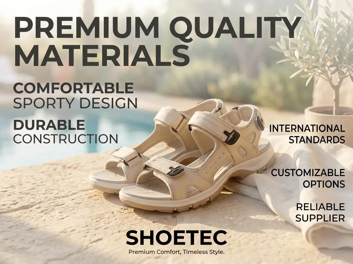 Quality inspector examining leather sandals under bright light for stitching and color consistency.