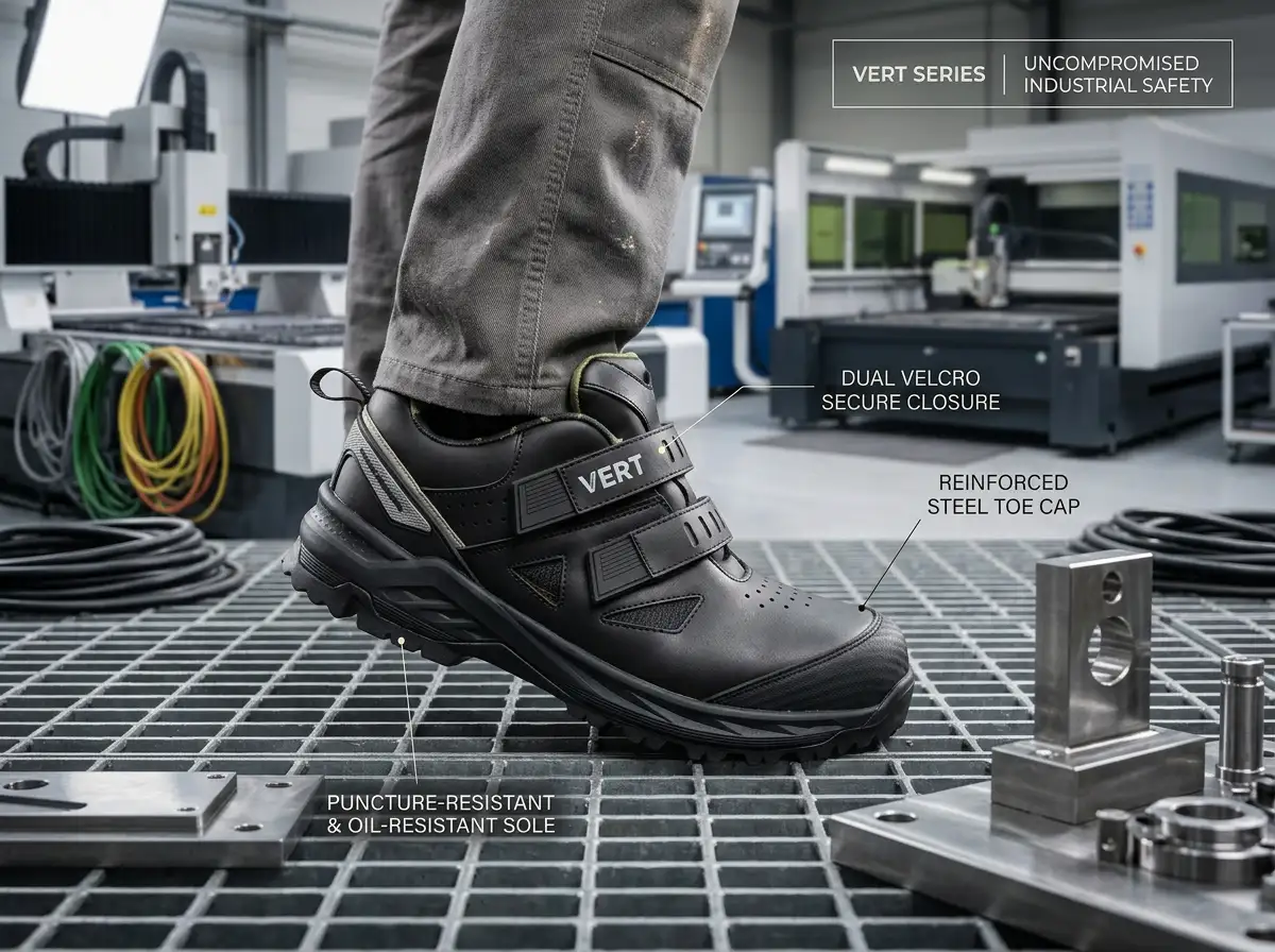 Worker stepping confidently on a construction floor scattered with nails while wearing puncture resistant shoes.