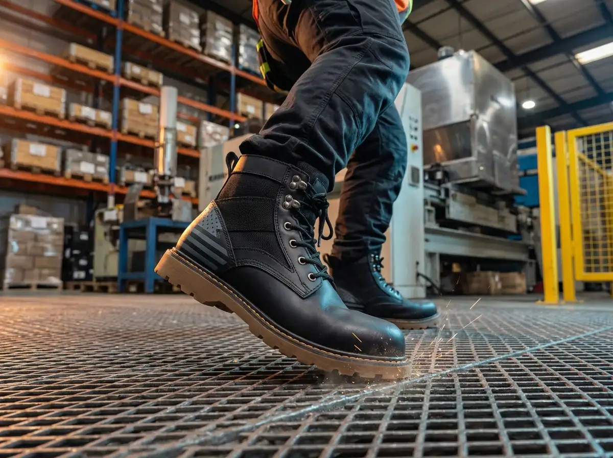 Technician cutting protective Kevlar midsole sheets for anti-puncture safety shoe production on a workbench.