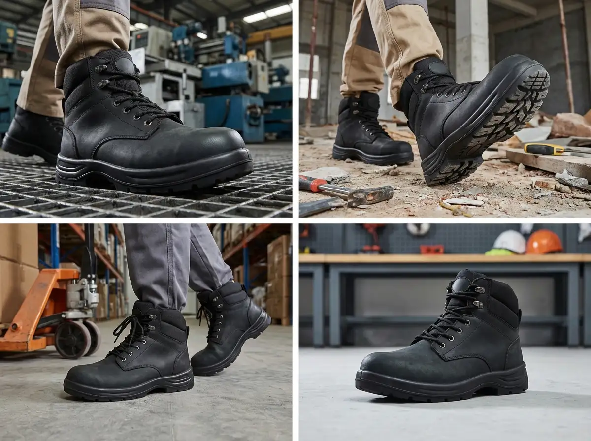Quality engineer examining composite toe puncture resistant boots with reinforcement diagrams on a tablet.
