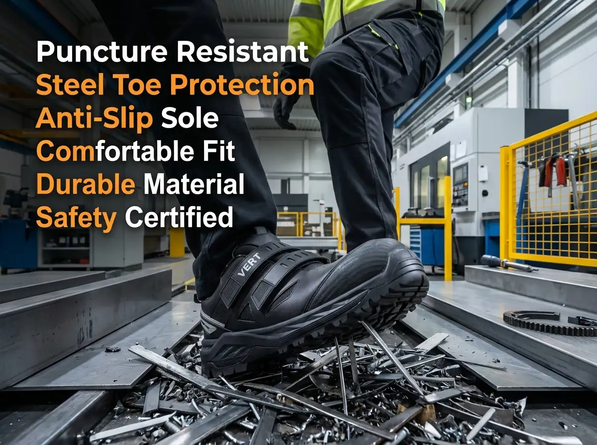 QC specialist presenting ASTM certification results alongside puncture test samples of safety shoe soles.