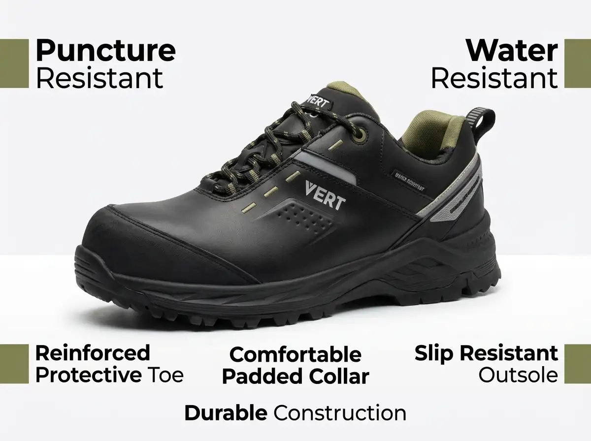 Product designer reviewing private label puncture resistant shoe sketches beside prototypes and brand mood boards.