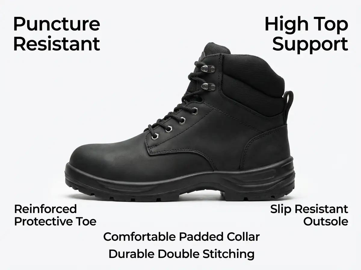 QC inspector pressing metal spikes against shoe soles during puncture resistance tests under lab conditions.