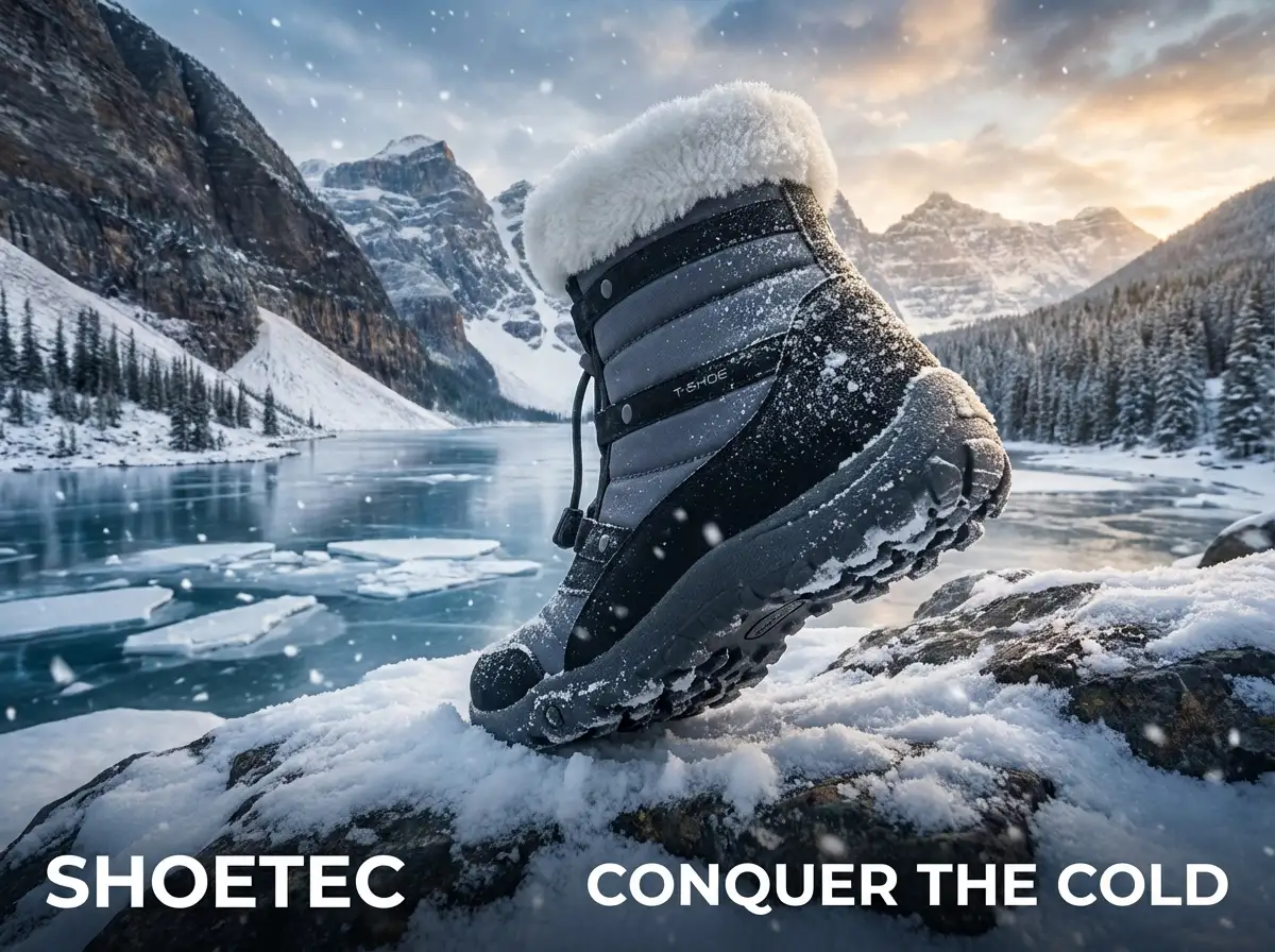 Person walking through deep snow wearing insulated snow boots with sturdy outsoles.