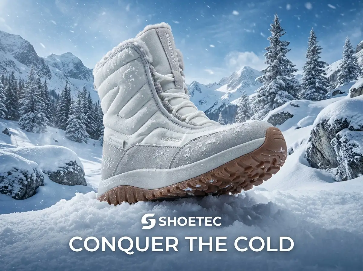 Technician testing water resistance of snow boots under running faucet in a lab setting.