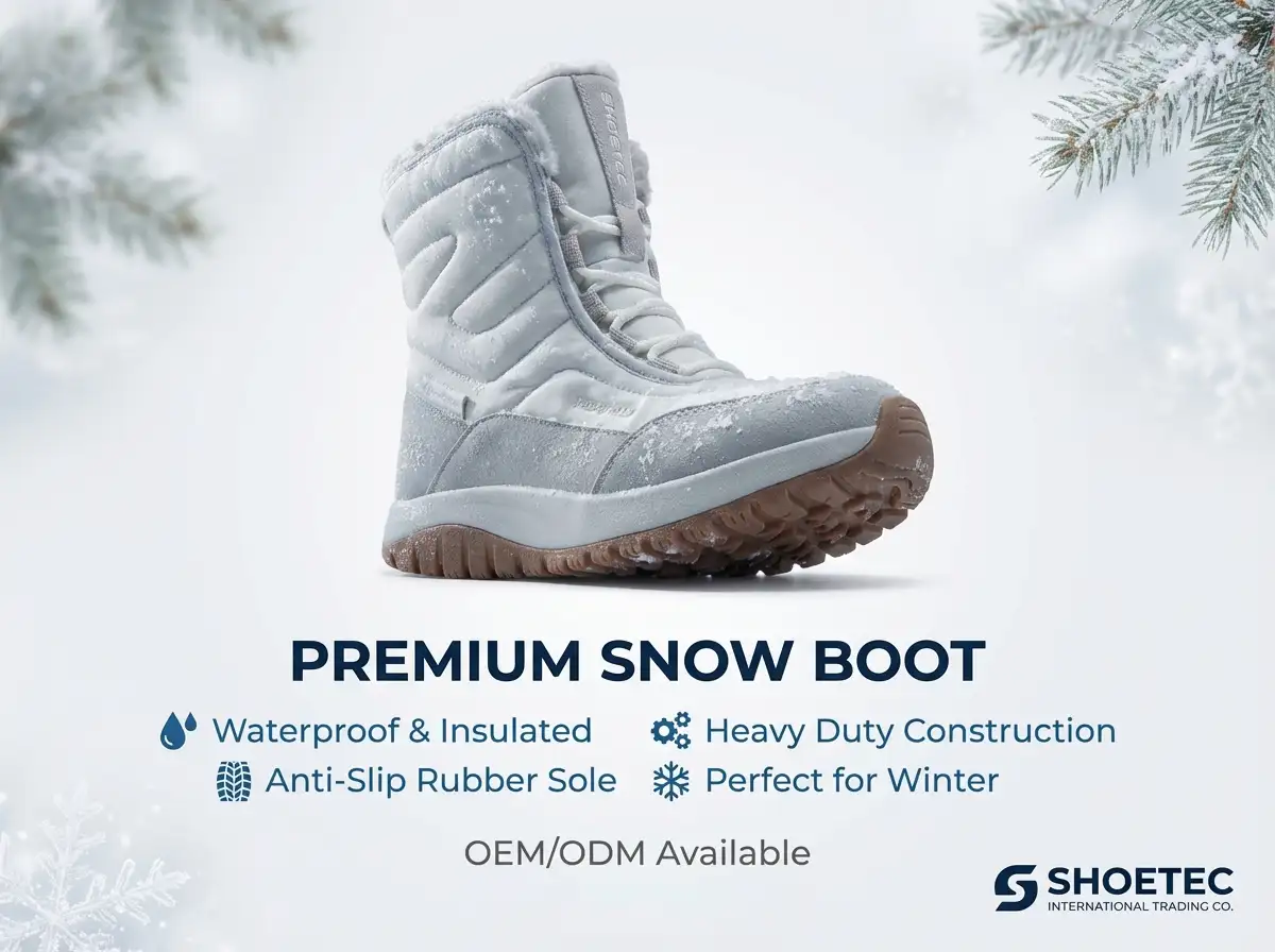 Stylish men's snow boots displayed on a wooden bench beside a fireplace with outdoor gear in view.