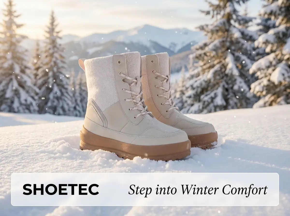 Warehouse pallets loaded with boxed wholesale snow boots ready for international shipping.