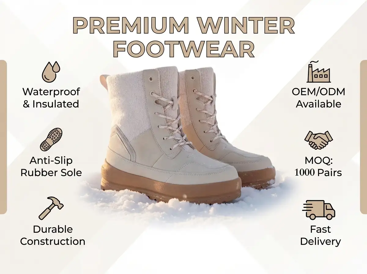 QC inspector examining stitching and sole adhesion of a finished snow boot under bright workstation lighting.