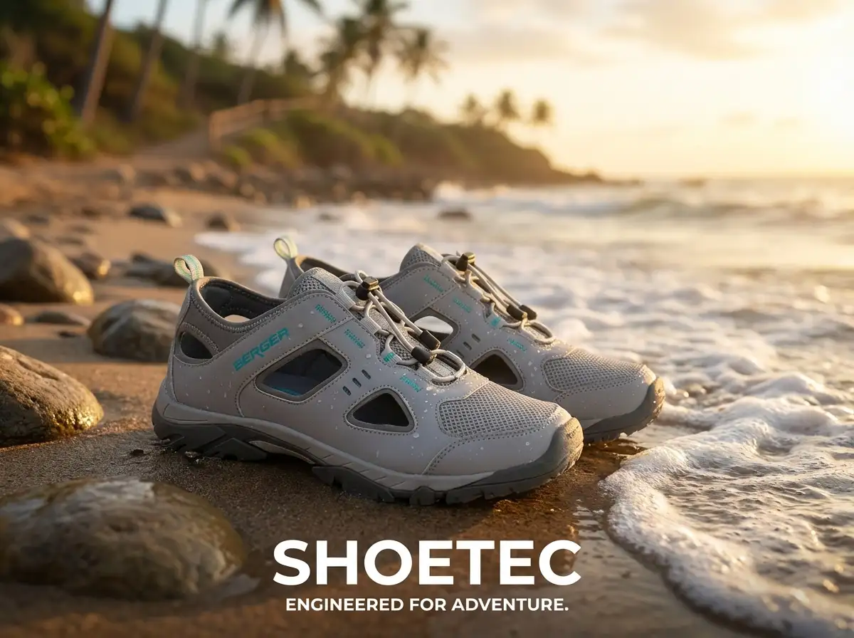 Close-up of hands assembling a sporty sandal sole with durable straps on a production table.