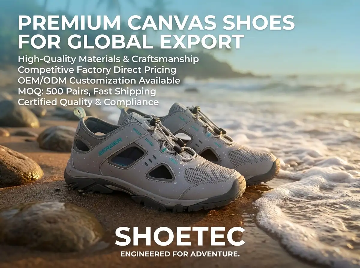 A pair of rugged outdoor sport sandals placed on rocky ground beside a mountain stream.