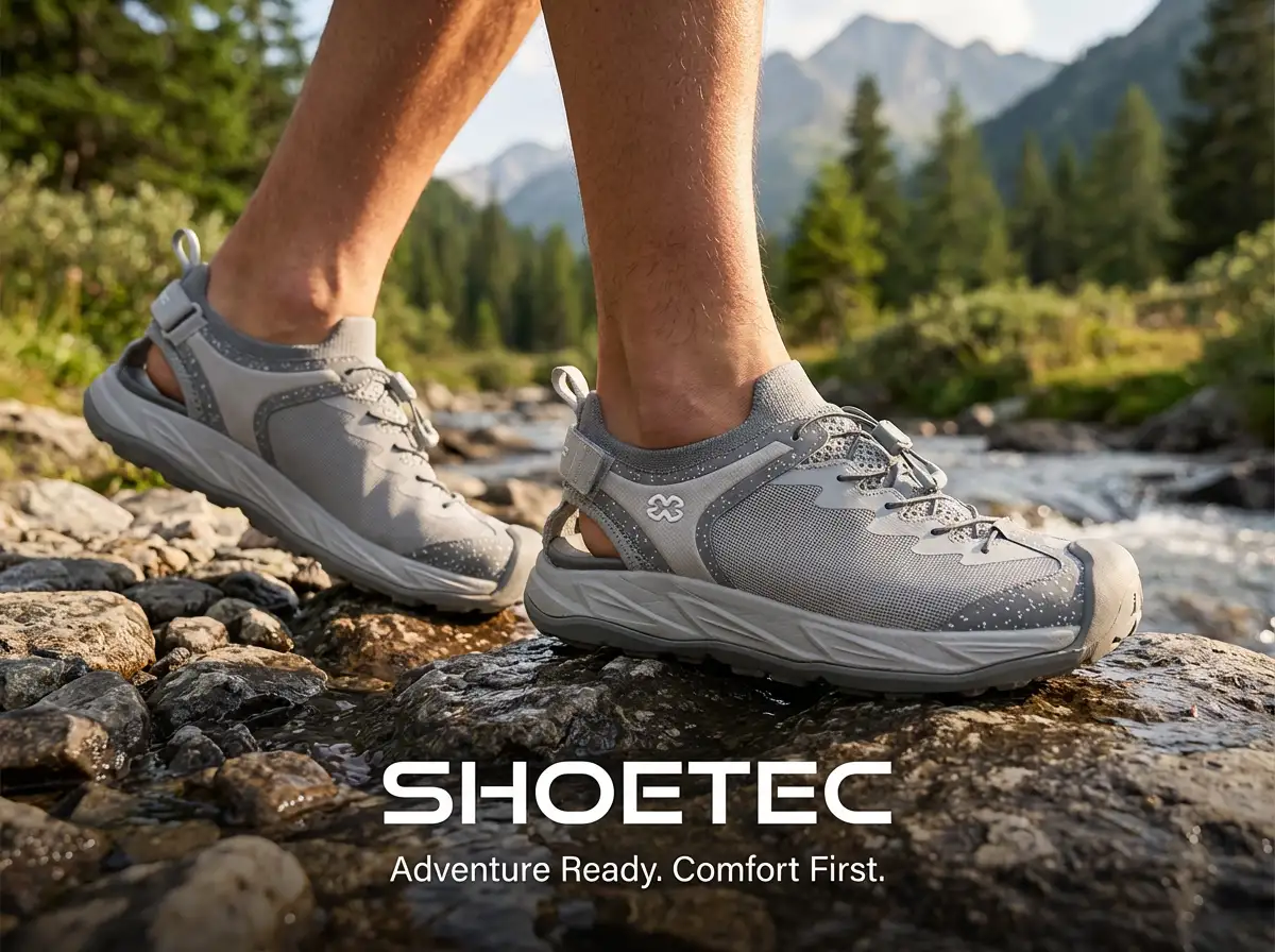 Athlete wearing athletic sandals while walking on a track with the horizon in the background.