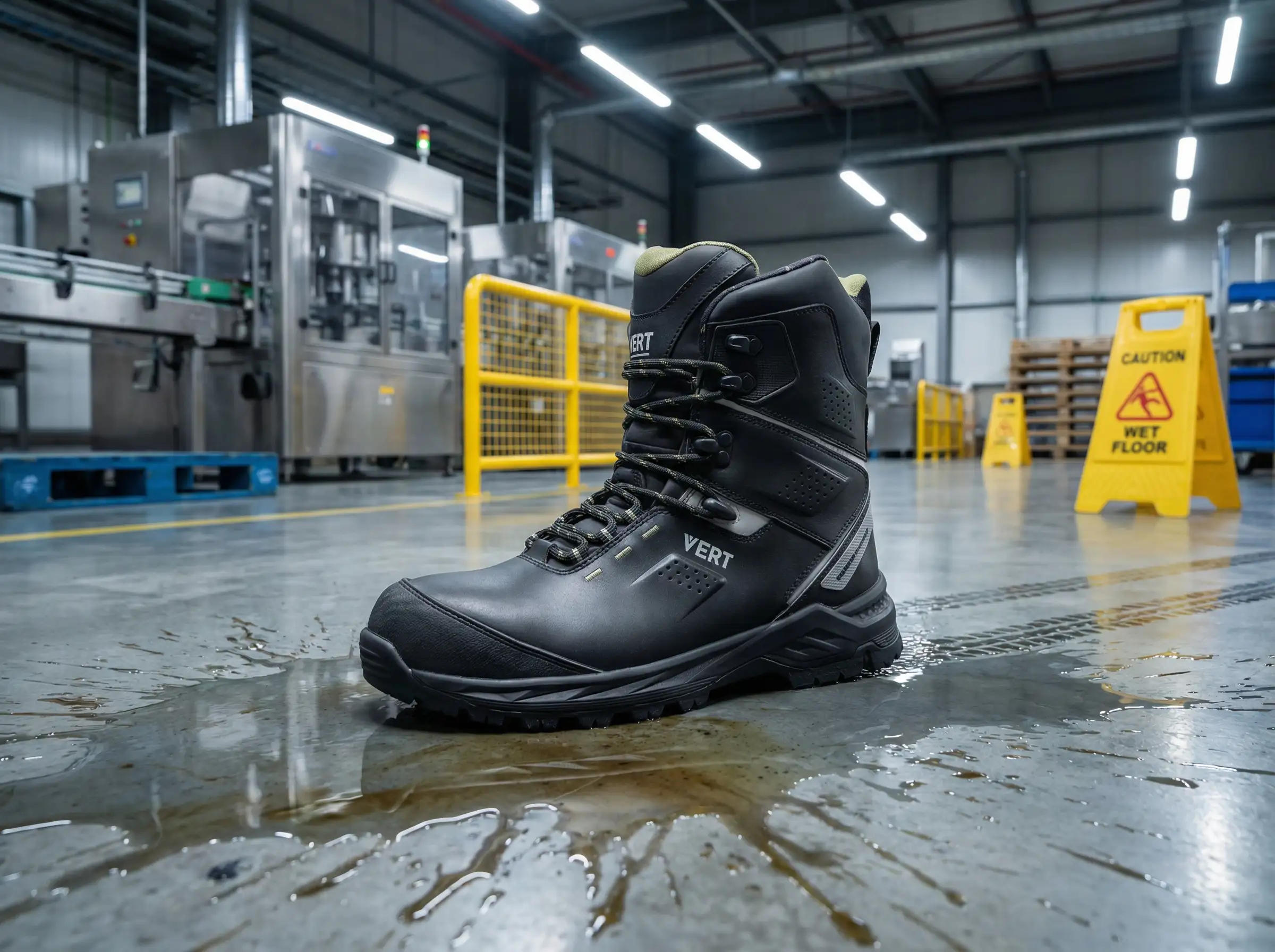 Chef wearing slip-resistant work shoes walking across a damp kitchen floor during breakfast prep.
