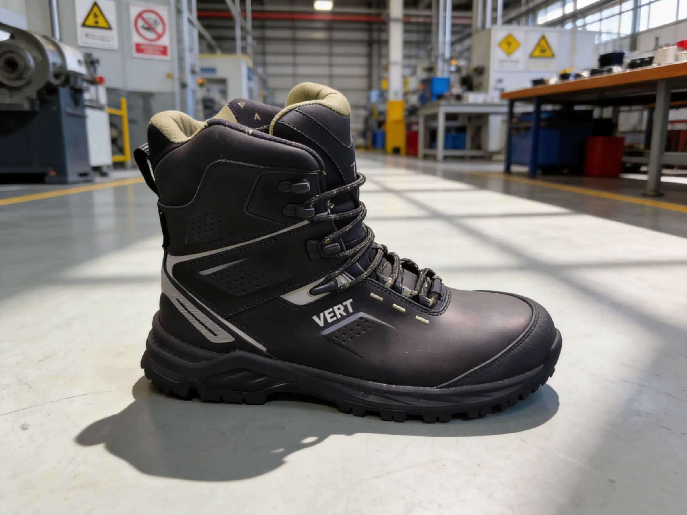 QC inspector checking tread depth and skid marks on slip-resistant work shoe samples in a quality lab.