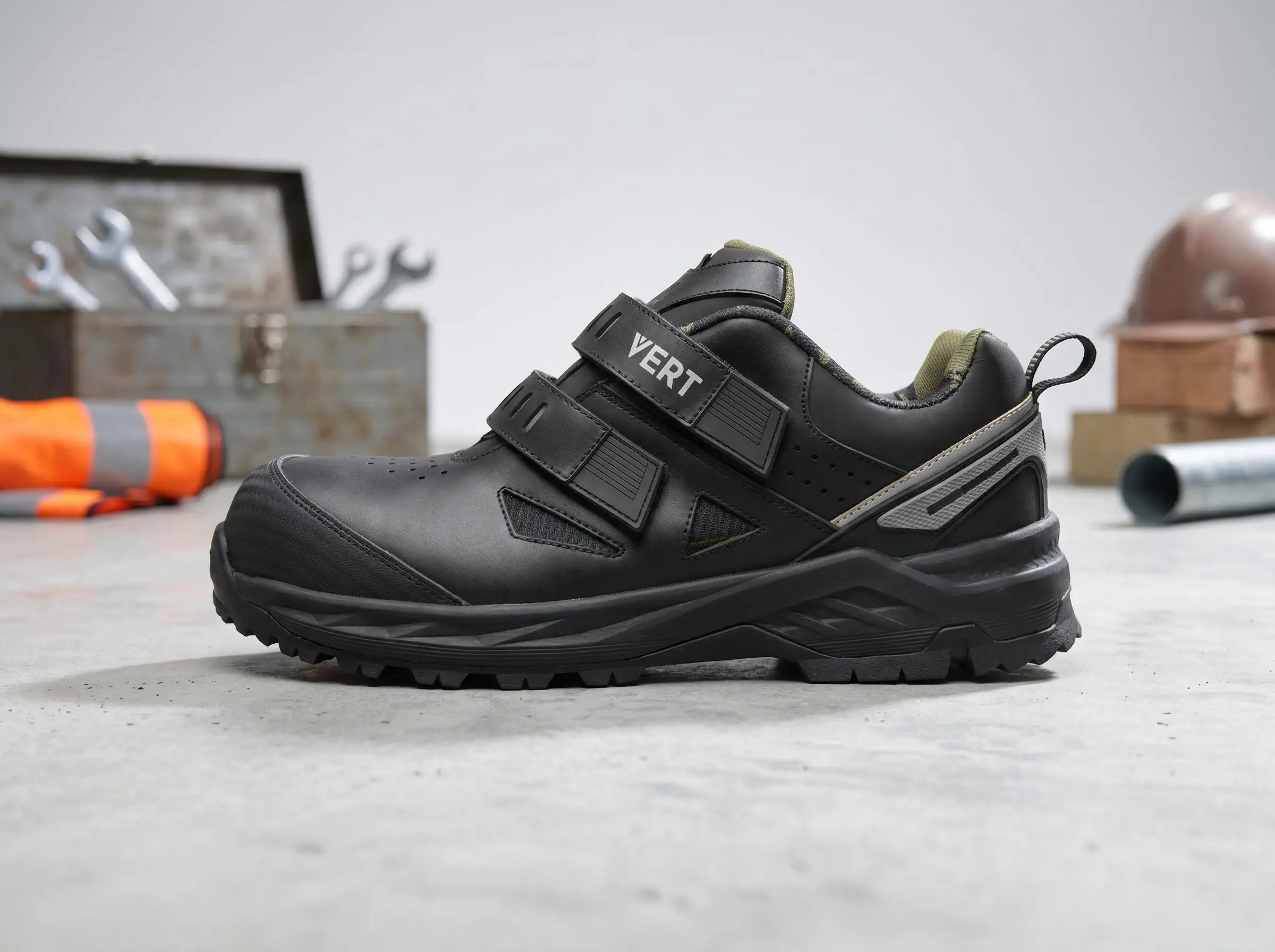 Technician testing outsole traction of anti-slip work shoes on a wet tile platform under lab lighting.