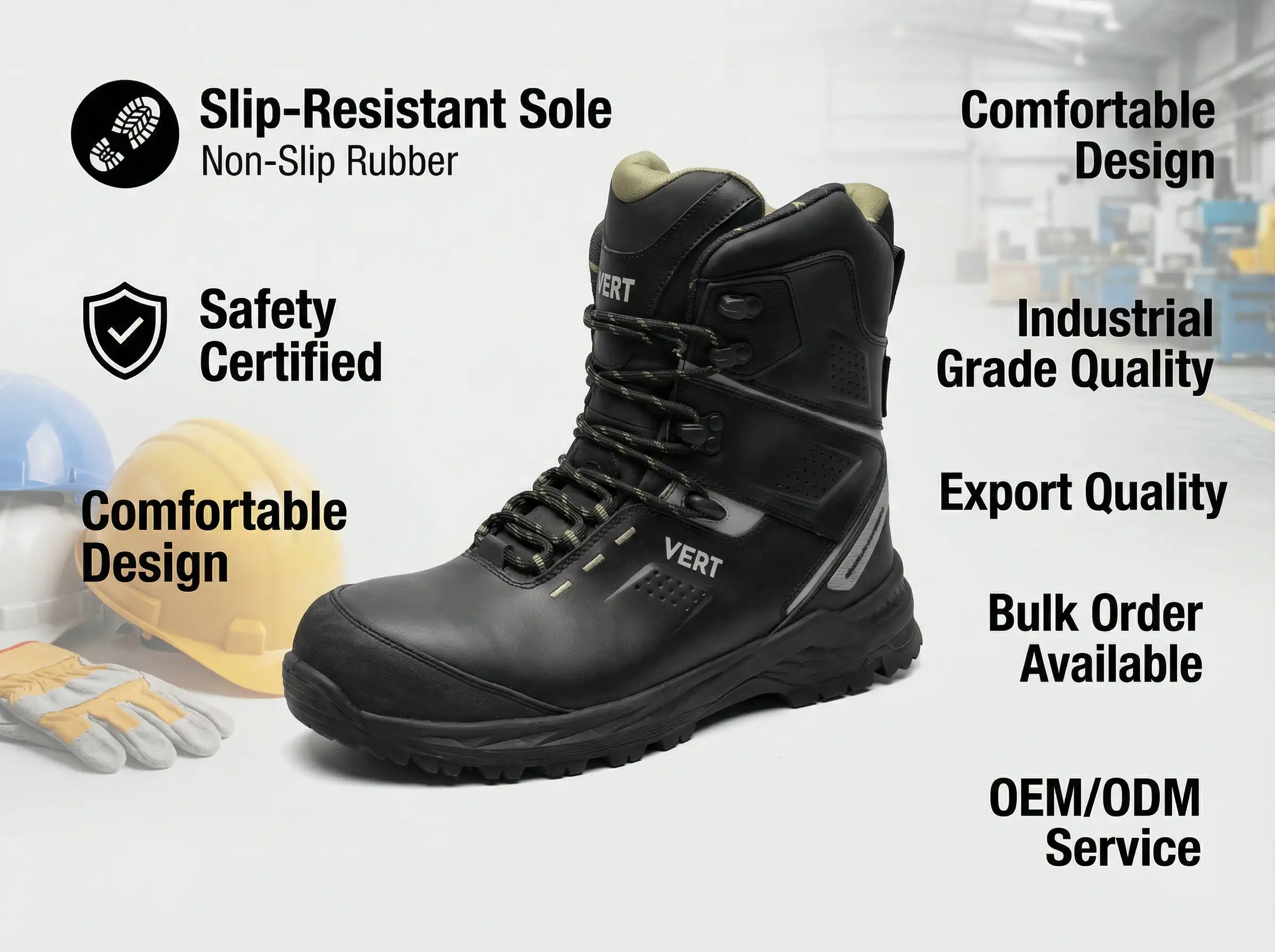 Warehouse employee organizing cartons of non-slip restaurant shoes for bulk shipment.