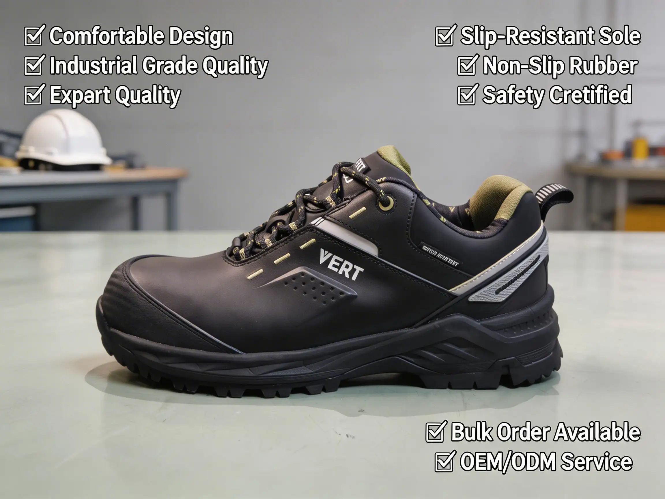 Restaurant kitchen staff wearing black non-slip work shoes while plating dishes at a stainless steel counter.