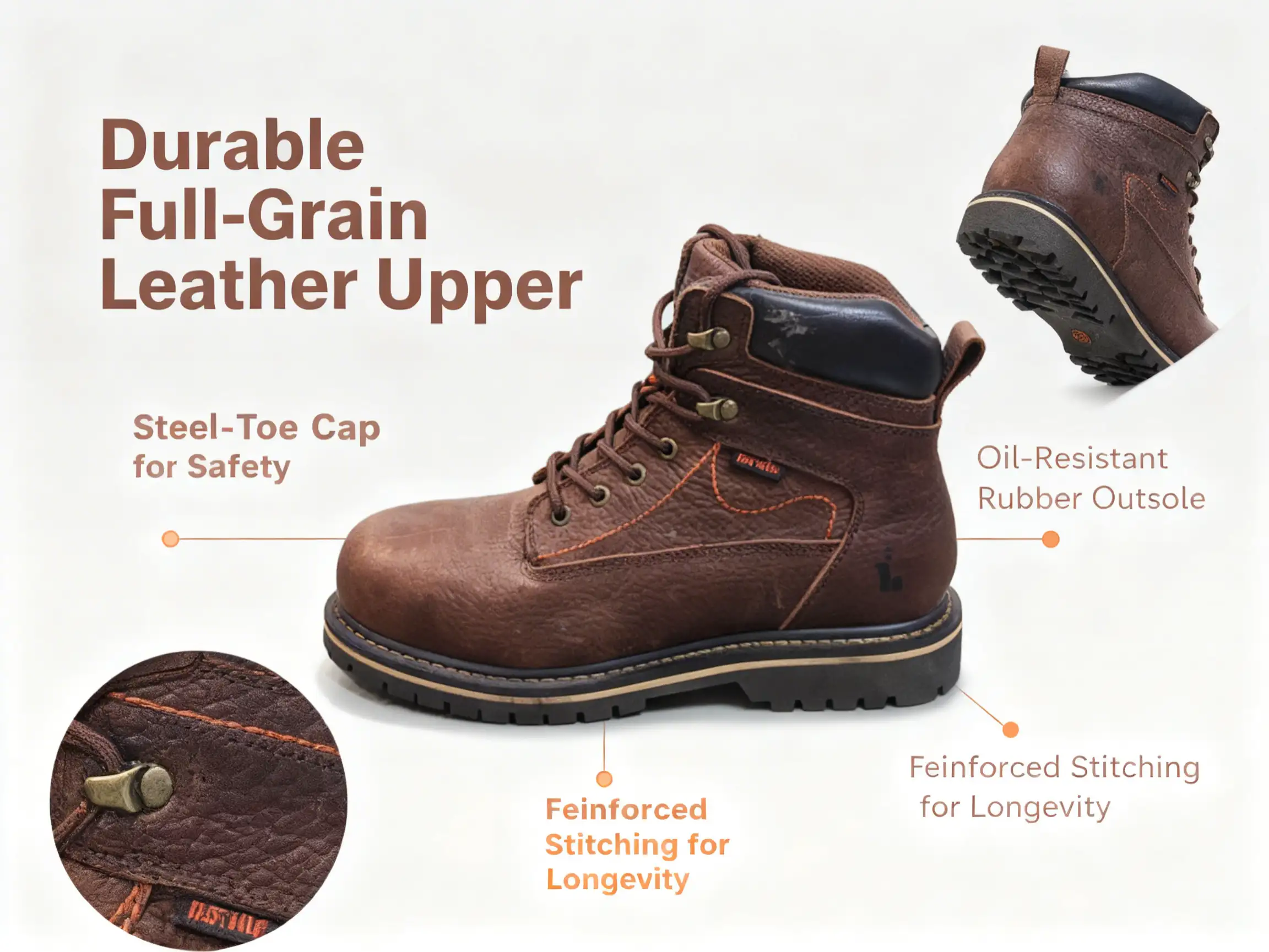 Designer reviewing men's steel toe work boot prototypes beside leather samples and safety certifications.