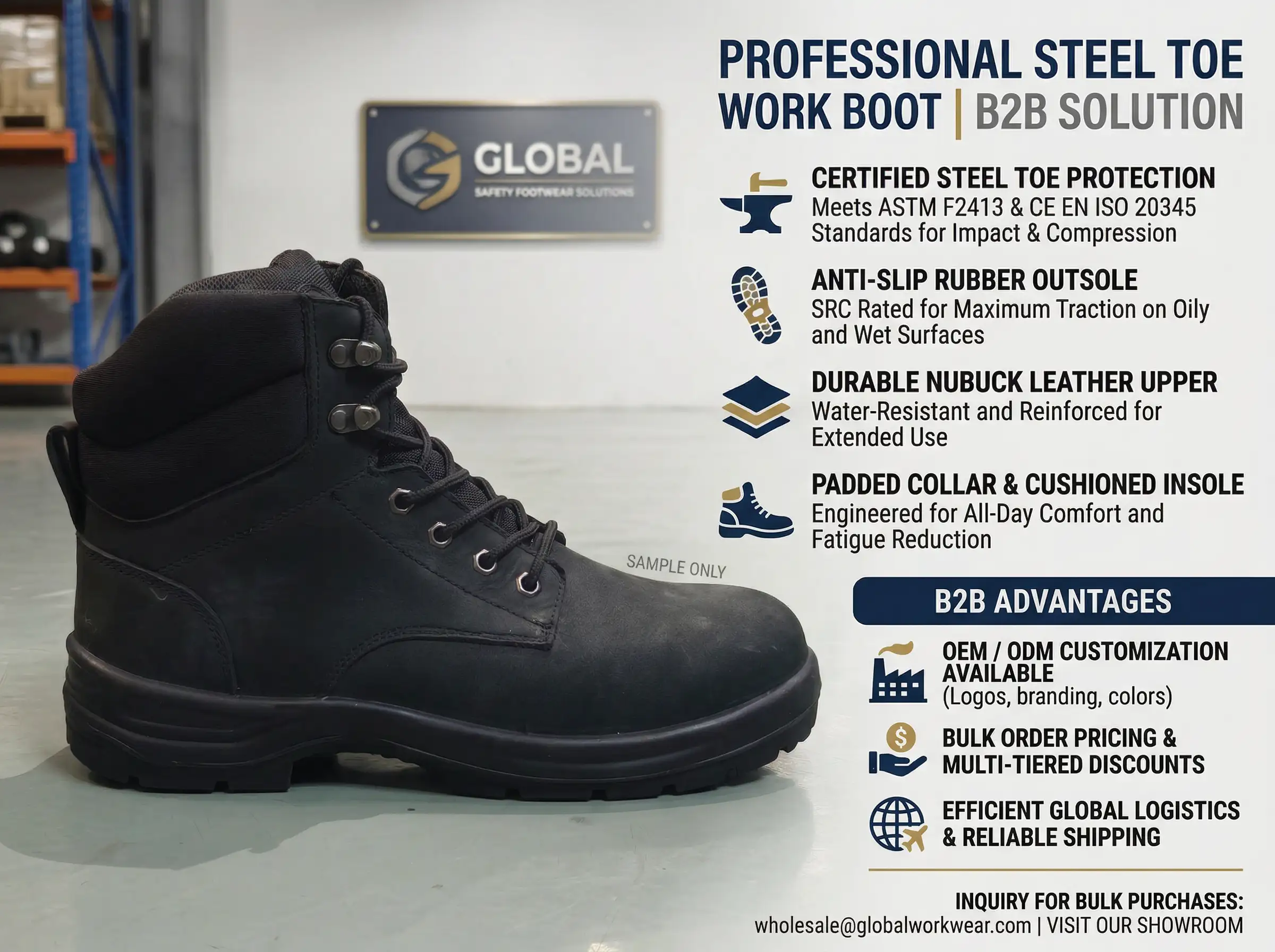 Forklift loading pallets of boxed steel toe work shoes onto a shipping truck at a distribution facility.