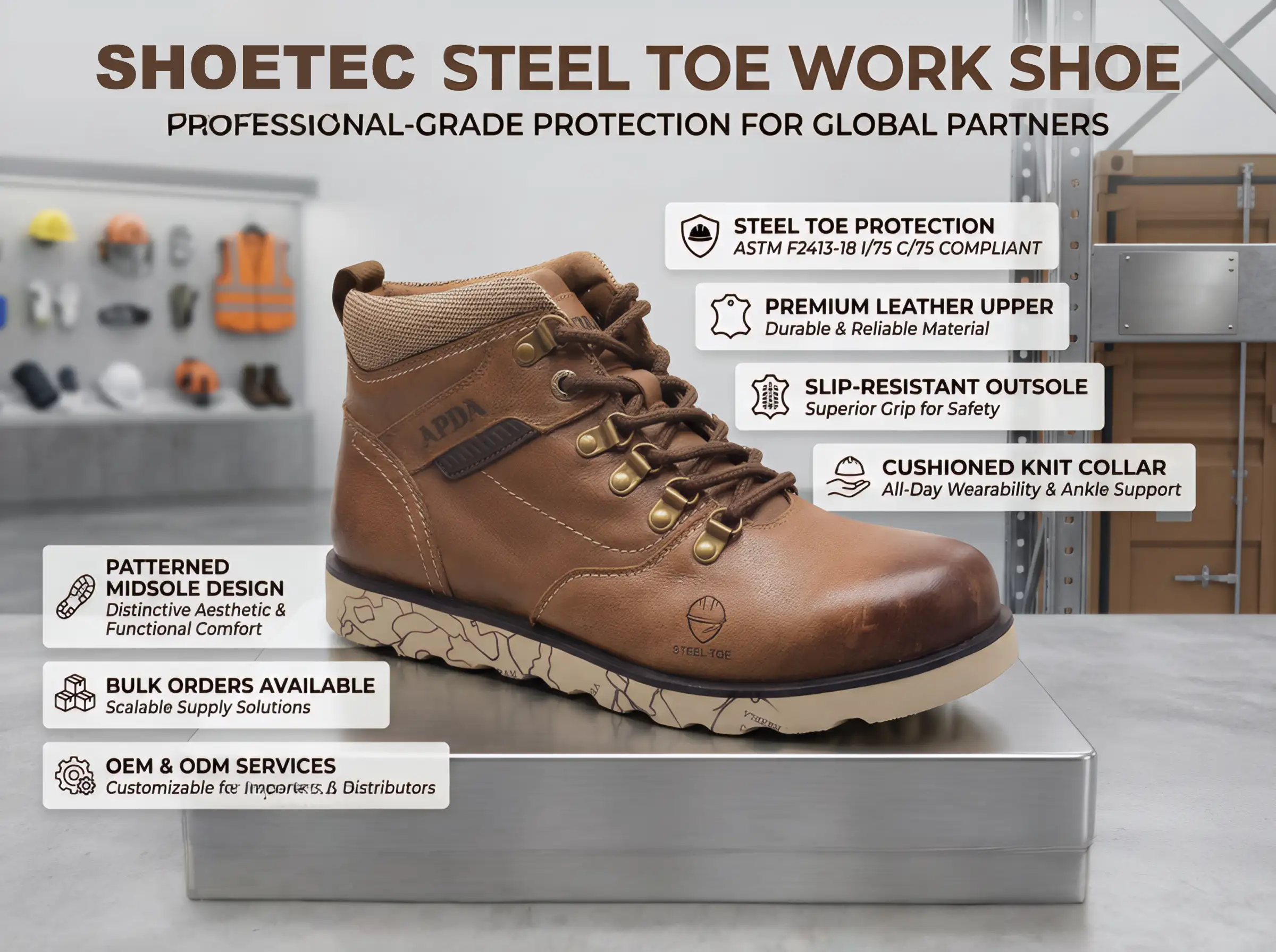 Factory technician assembling steel cap boots with precision tools under bright workshop lighting.