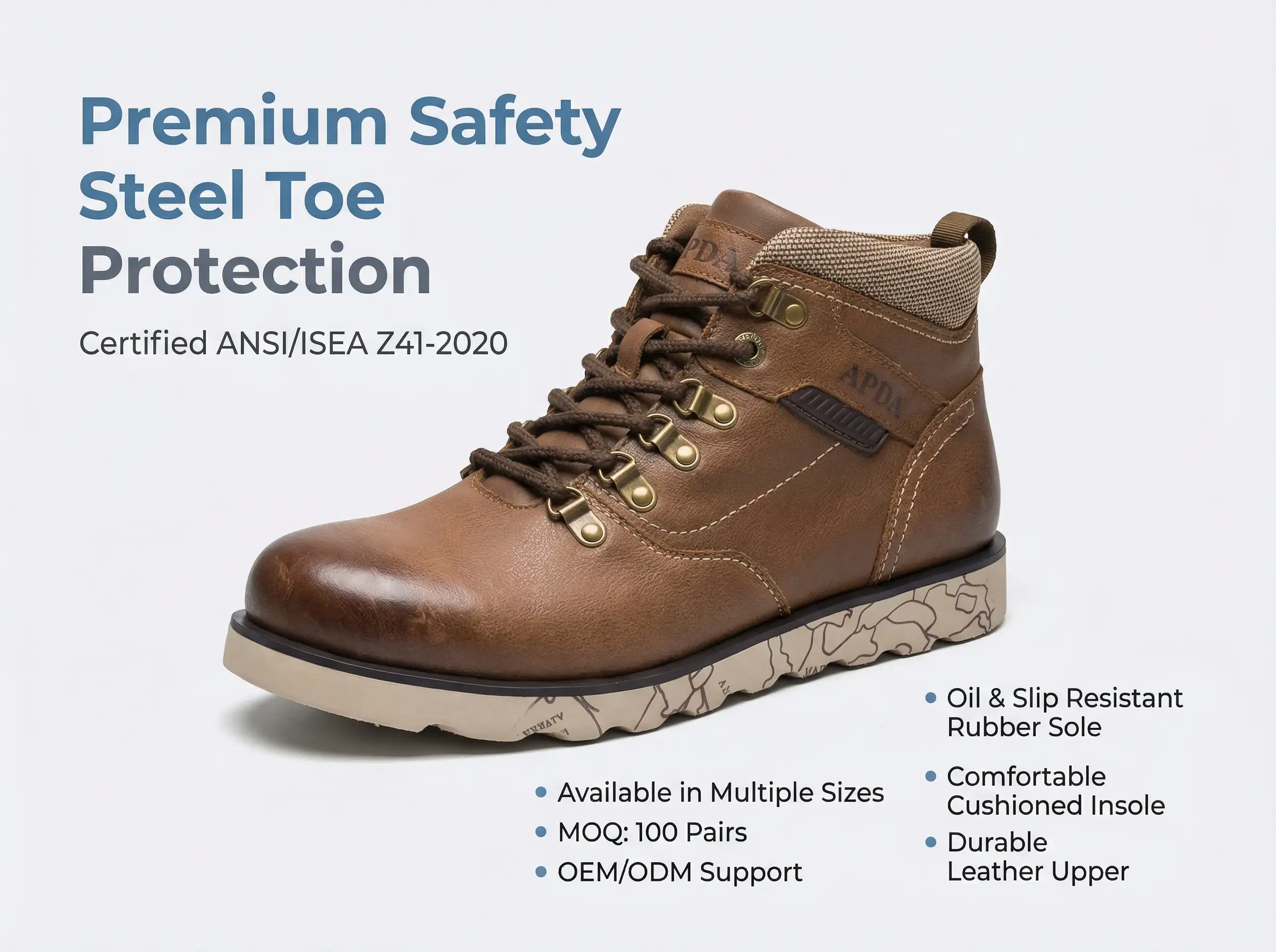 QC specialist displaying ASTM certification documents beside tested steel toe shoes in a lab environment.