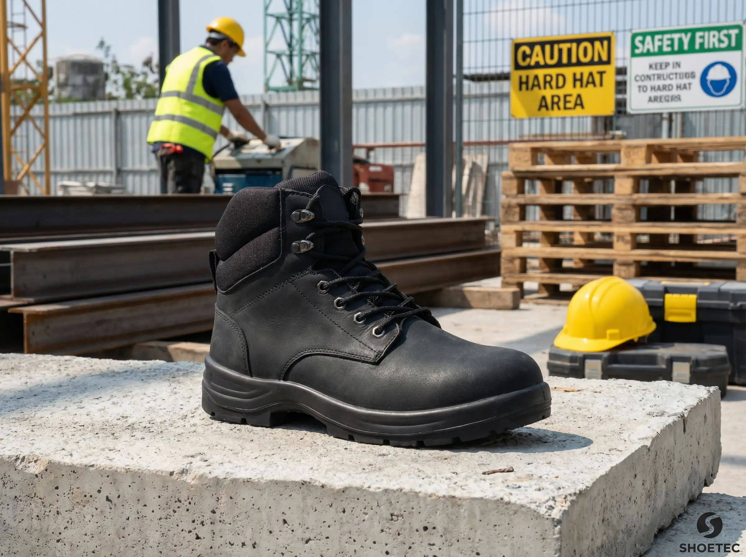 Worker lacing up men's steel toe work boots before starting shift on a construction site at sunrise.